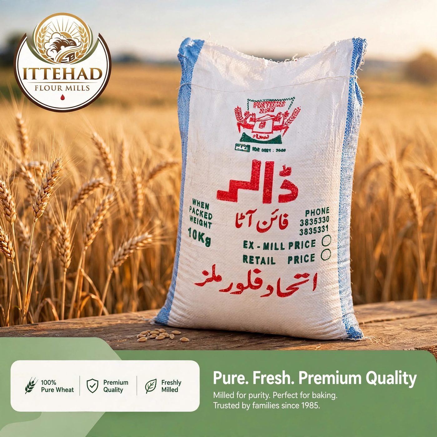 Ittehad flour sack photographed in a wheat field